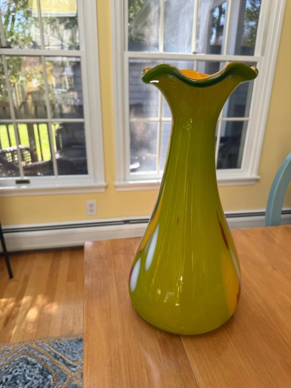 Mid Century Modern Handblown Art Glass Vase in Green, Yellow & Red